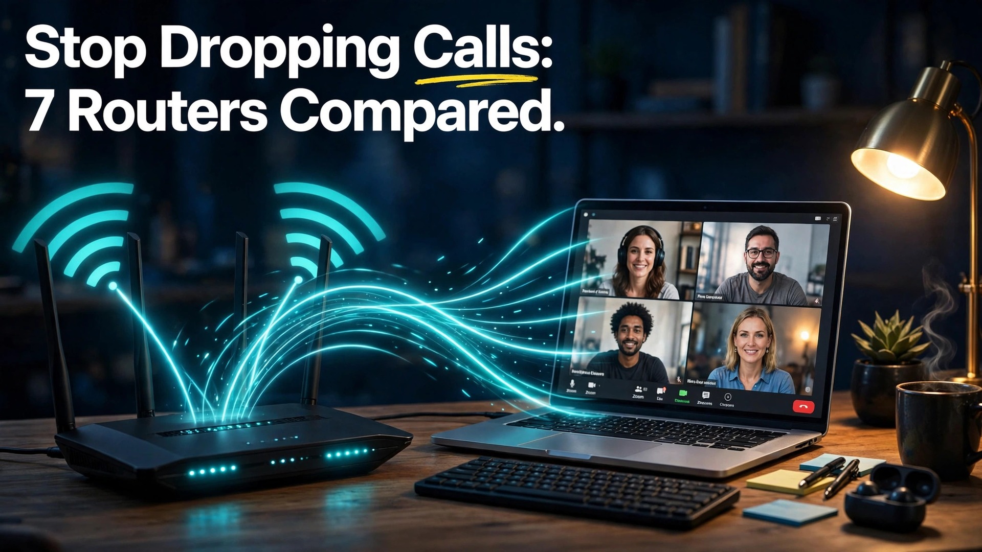 Best router for working from home thumbnail with a night desk scene and glowing cyan signal arcs from a router to a video-call laptop titled Stop Dropping Calls: 7 Routers Compared
