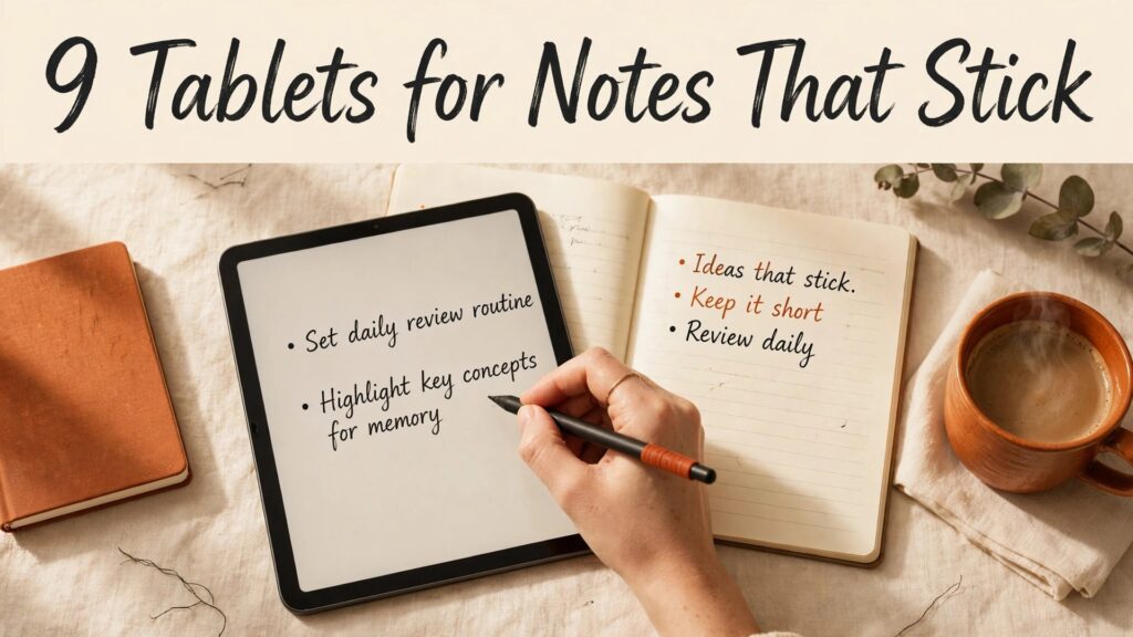 Best tablet for note-taking professionals thumbnail with a warm editorial desk scene and a hand writing on a tablet titled 9 Tablets for Notes That Stick