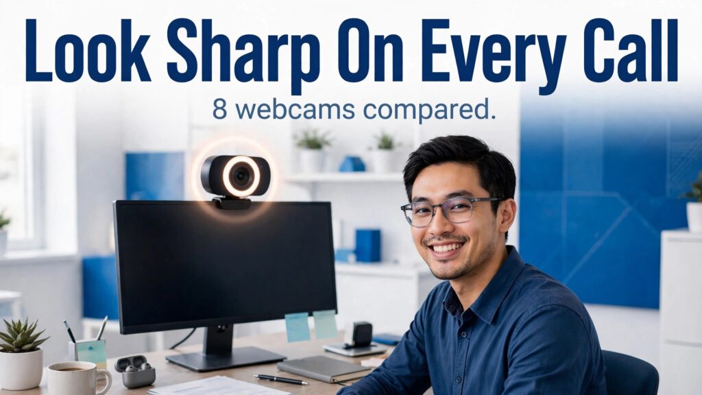 Best webcam for remote work meetings thumbnail with a webcam on a monitor beside a well-lit professional titled Look Sharp On Every Call