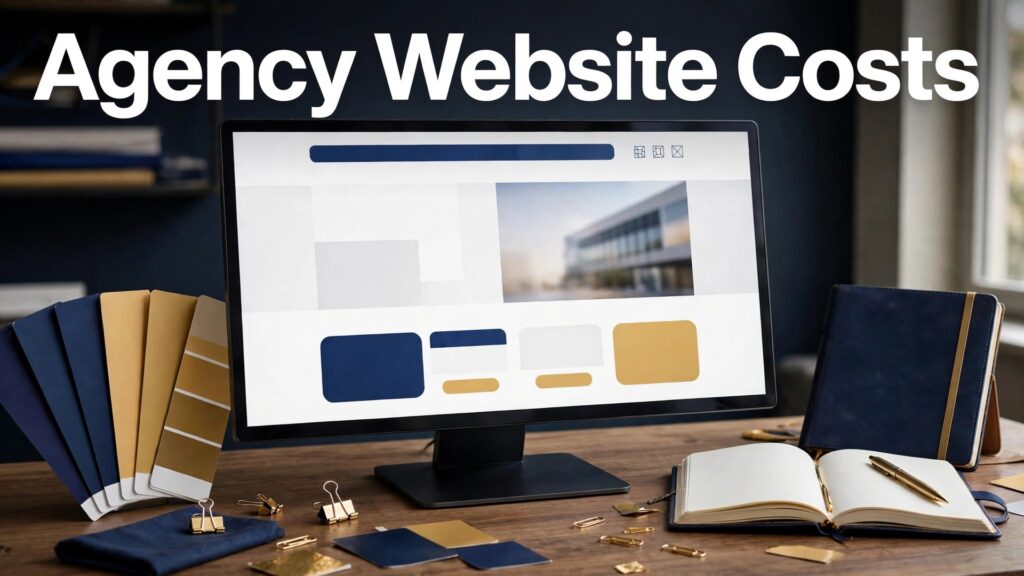 Cost of building a business website agency thumbnail with an agency desk and monitor showing a business homepage mockup with navy and gold swatches titled Agency Website Costs