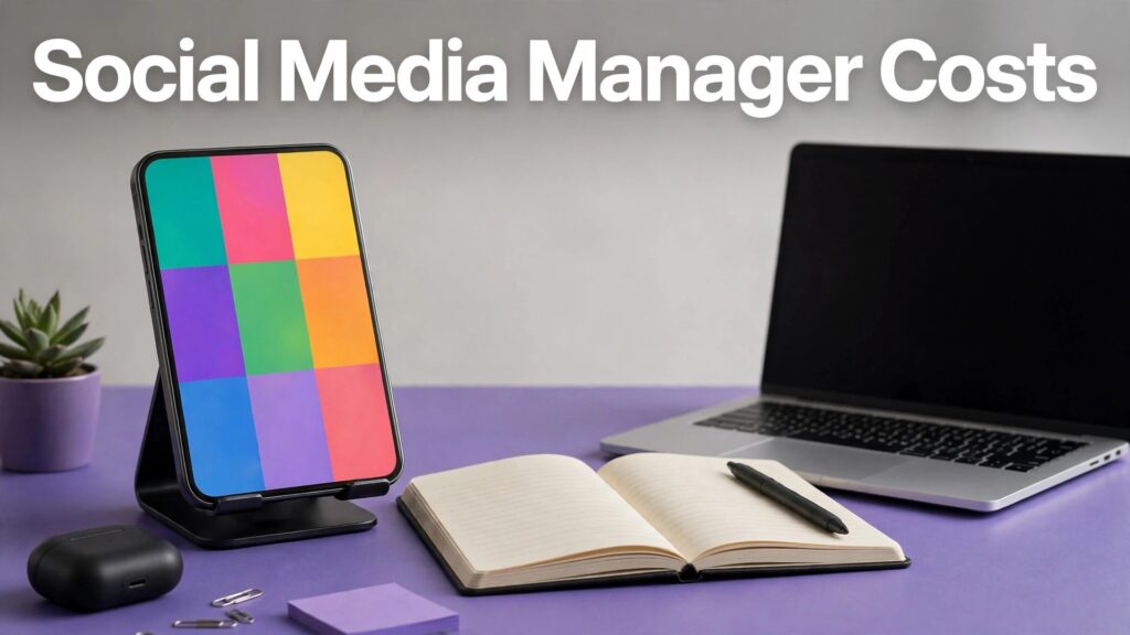 Cost of hiring a social media manager monthly thumbnail with a phone on a stand showing colorful post tiles, laptop and notebook on a violet desk titled Social Media Manager Costs