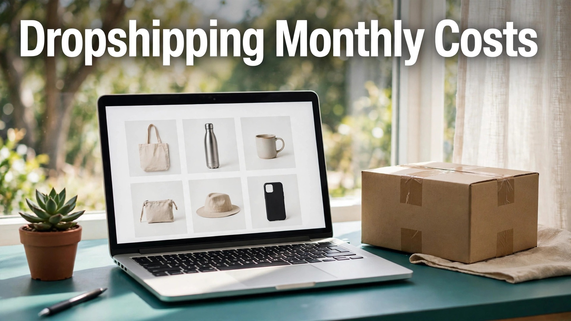 Cost of running a dropshipping store monthly thumbnail with a laptop storefront, parcel and plant on a teal desk titled Dropshipping Monthly Costs