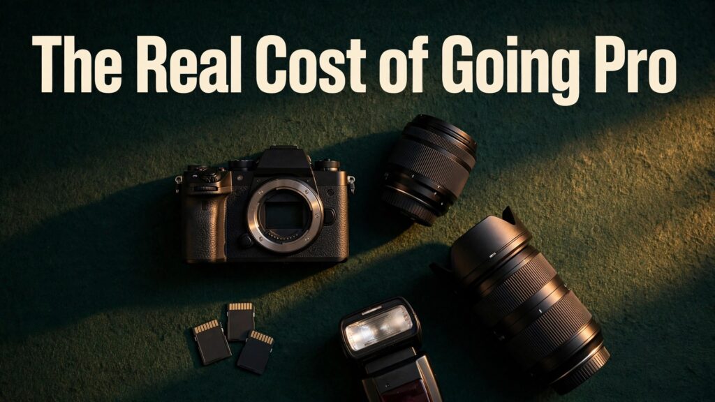 Cost of starting a freelance photography business thumbnail with a dark green gear flat-lay with camera equipment titled The Real Cost of Going Pro