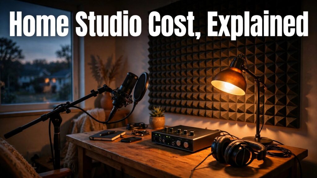 Cost of starting a home recording studio music thumbnail with a warm home-studio desk scene with microphone, interface, headphones and acoustic panels titled Home Studio Cost, Explained