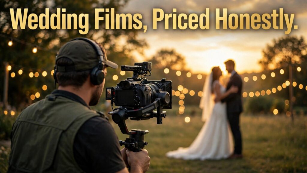 Wedding videography pricing packages thumbnail with a golden-hour cinematic wedding scene titled Wedding Films, Priced Honestly