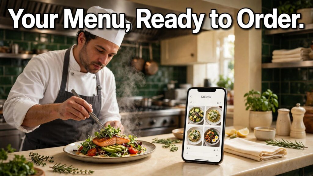 food delivery restaurant online menu setup thumbnail with a chef plating a salmon dish beside a phone showing a food menu titled Your Menu, Ready to Order