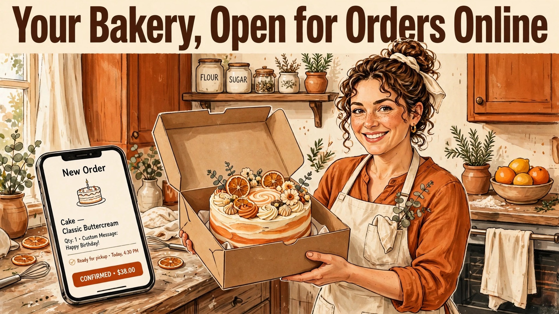 home bakery online order system setup thumbnail with a home baker holding a decorated cake box beside a phone showing a new bakery order titled Your Bakery, Open for Orders Online