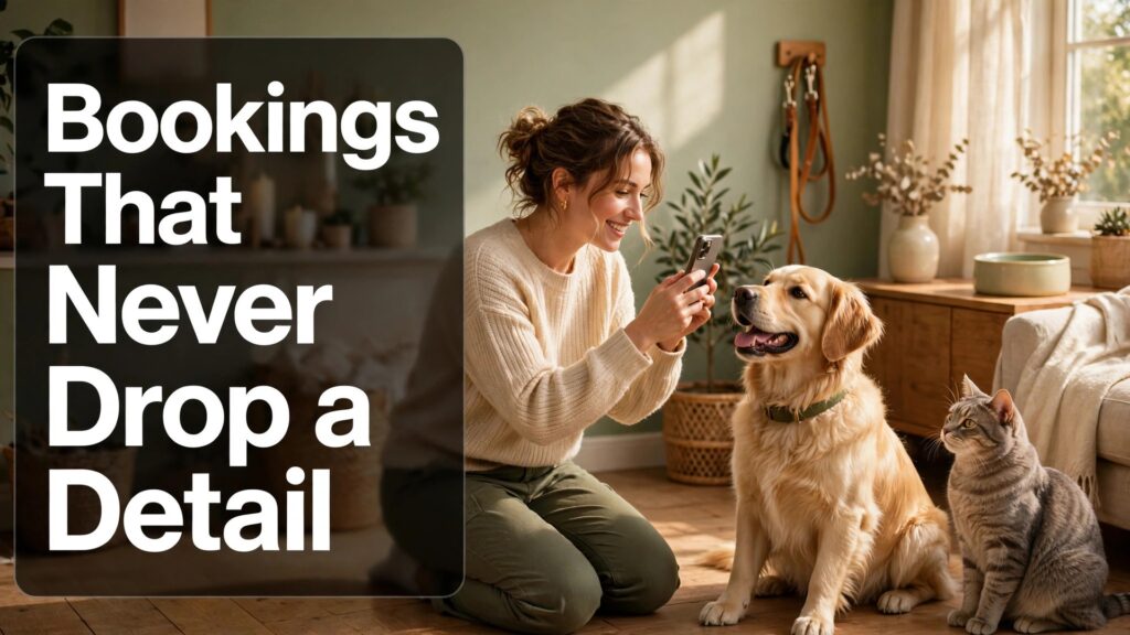 pet sitting business booking system setup thumbnail with a pet sitter kneeling in a sunny living room photographing a happy golden dog while a grey cat sits nearby titled Bookings That Never Drop a Detail