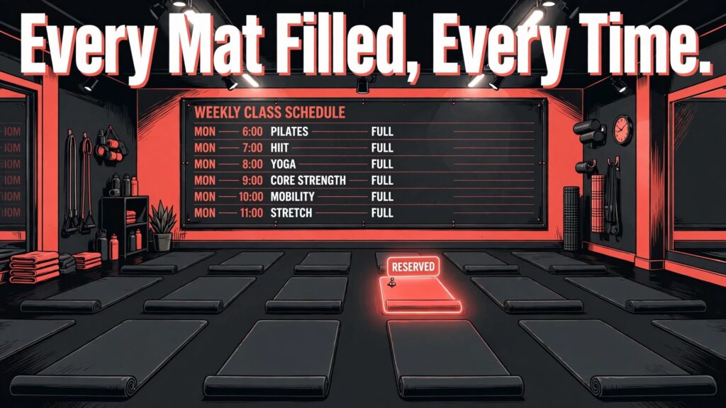 small gym class booking system setup thumbnail with a gym studio of exercise mats before a weekly class schedule board titled Every Mat Filled, Every Time