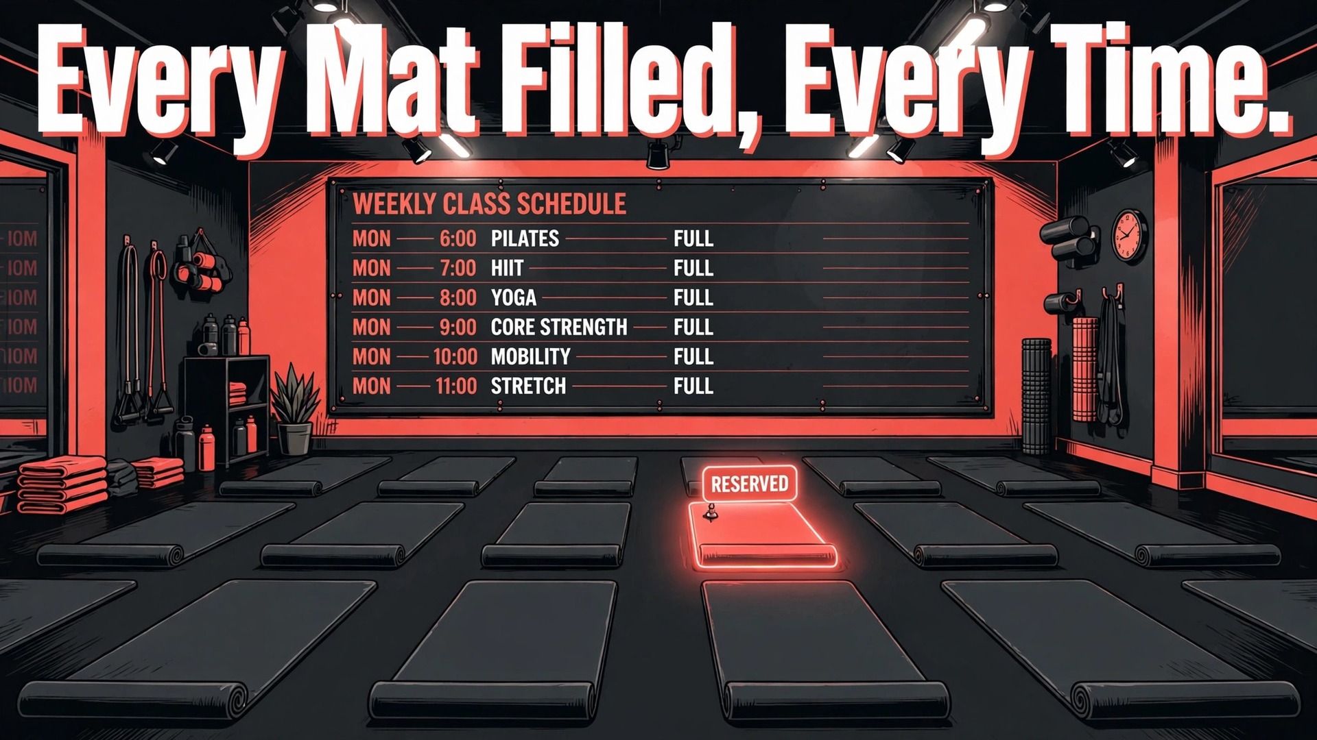 small gym class booking system setup thumbnail with a gym studio of exercise mats before a weekly class schedule board titled Every Mat Filled, Every Time