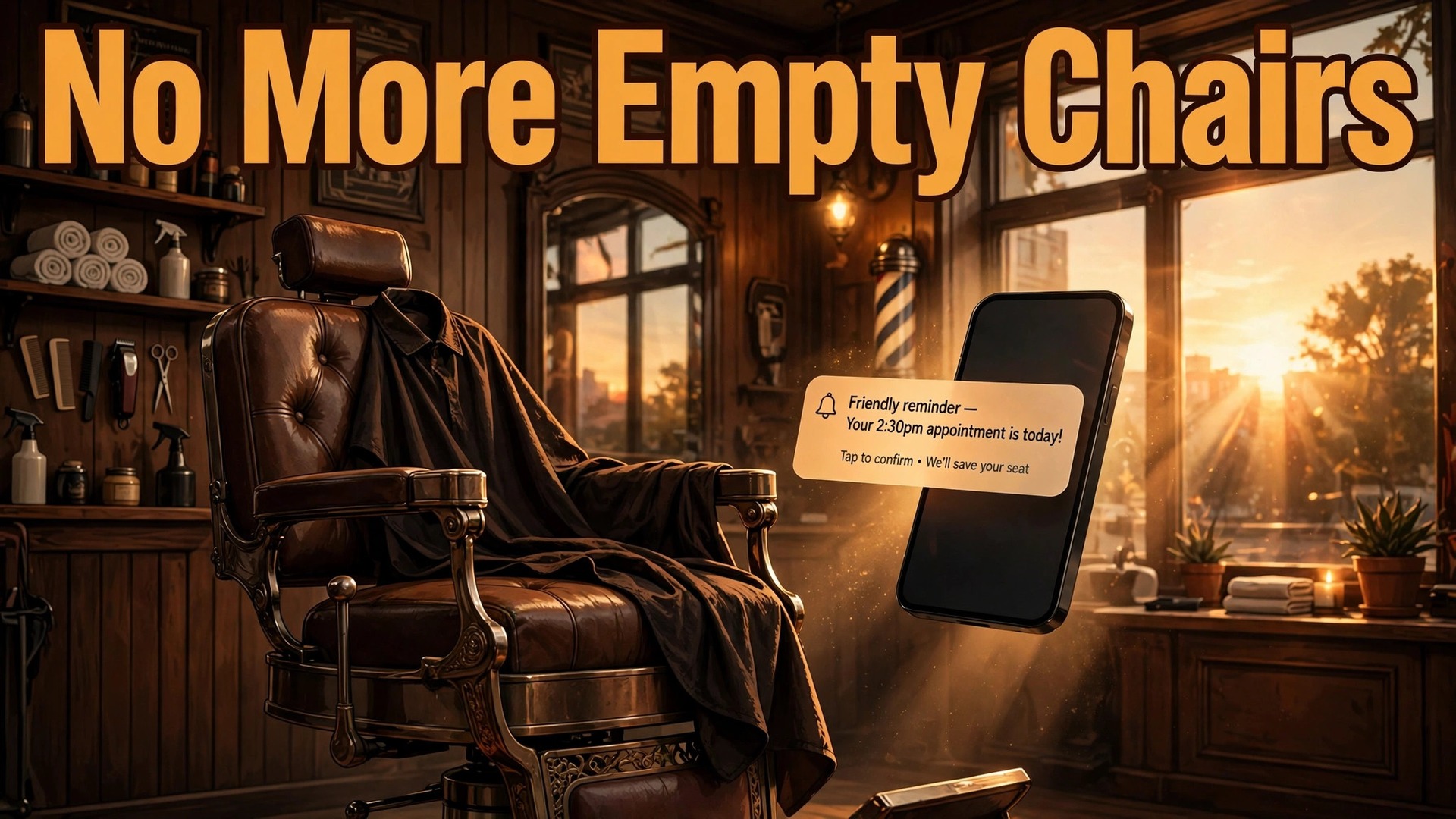 use AI for barbershop appointment reminders thumbnail with a vintage barber chair beside a phone showing a friendly appointment reminder titled No More Empty Chairs