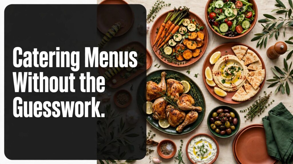 use AI for catering business menu planning thumbnail with an overhead catered banquet table with roasted dishes, salads, hummus and olives titled Catering Menus Without the Guesswork