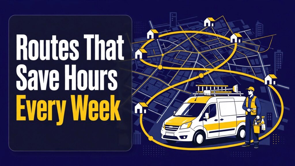 use AI for cleaning business route scheduling thumbnail with a cleaning van and uniformed cleaner on a stylised city map with a looping yellow route connecting houses titled Routes That Save Hours Every Week