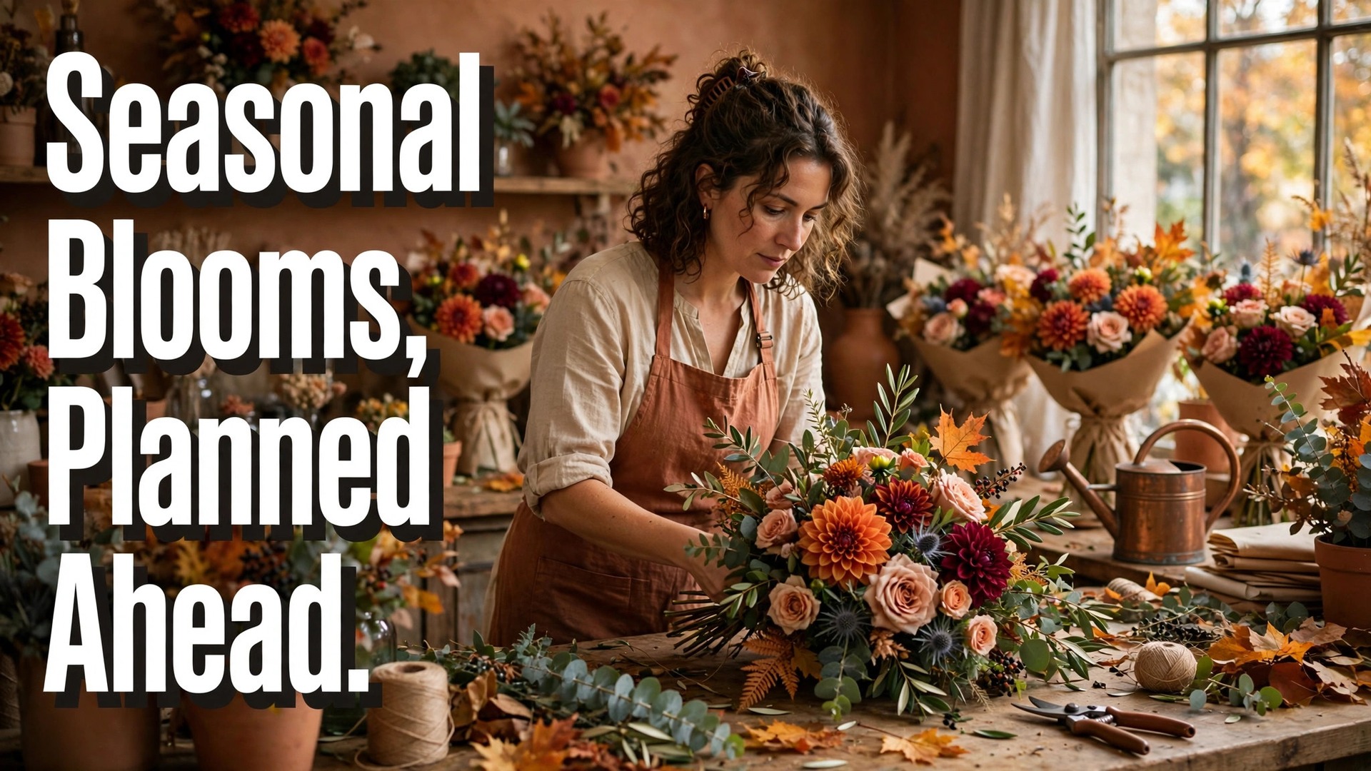use AI for flower shop seasonal promotions thumbnail with a florist arranging a seasonal autumn bouquet at a flower shop counter titled Seasonal Blooms, Planned Ahead