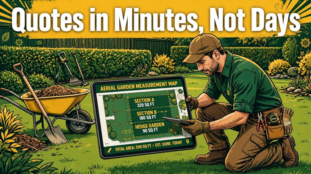use AI for landscaping business quote estimates thumbnail with a landscaper kneeling on a lawn holding a tablet showing an aerial garden measurement map titled Quotes in Minutes, Not Days