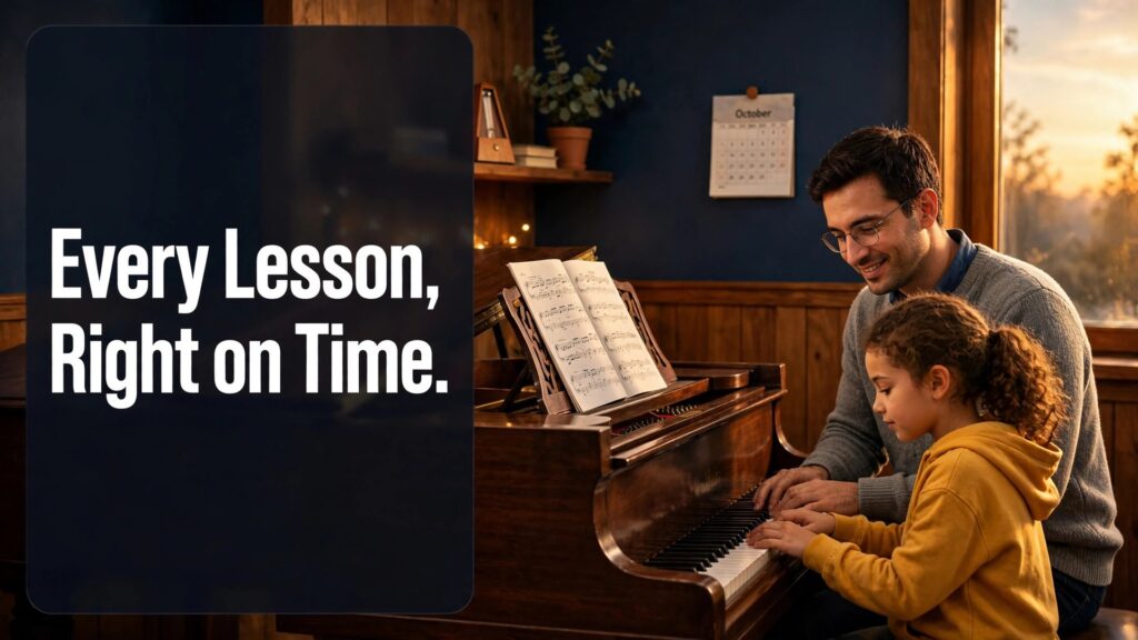 use AI for music school lesson scheduling thumbnail with a music teacher and young student playing a grand piano in a warm studio titled Every Lesson, Right on Time