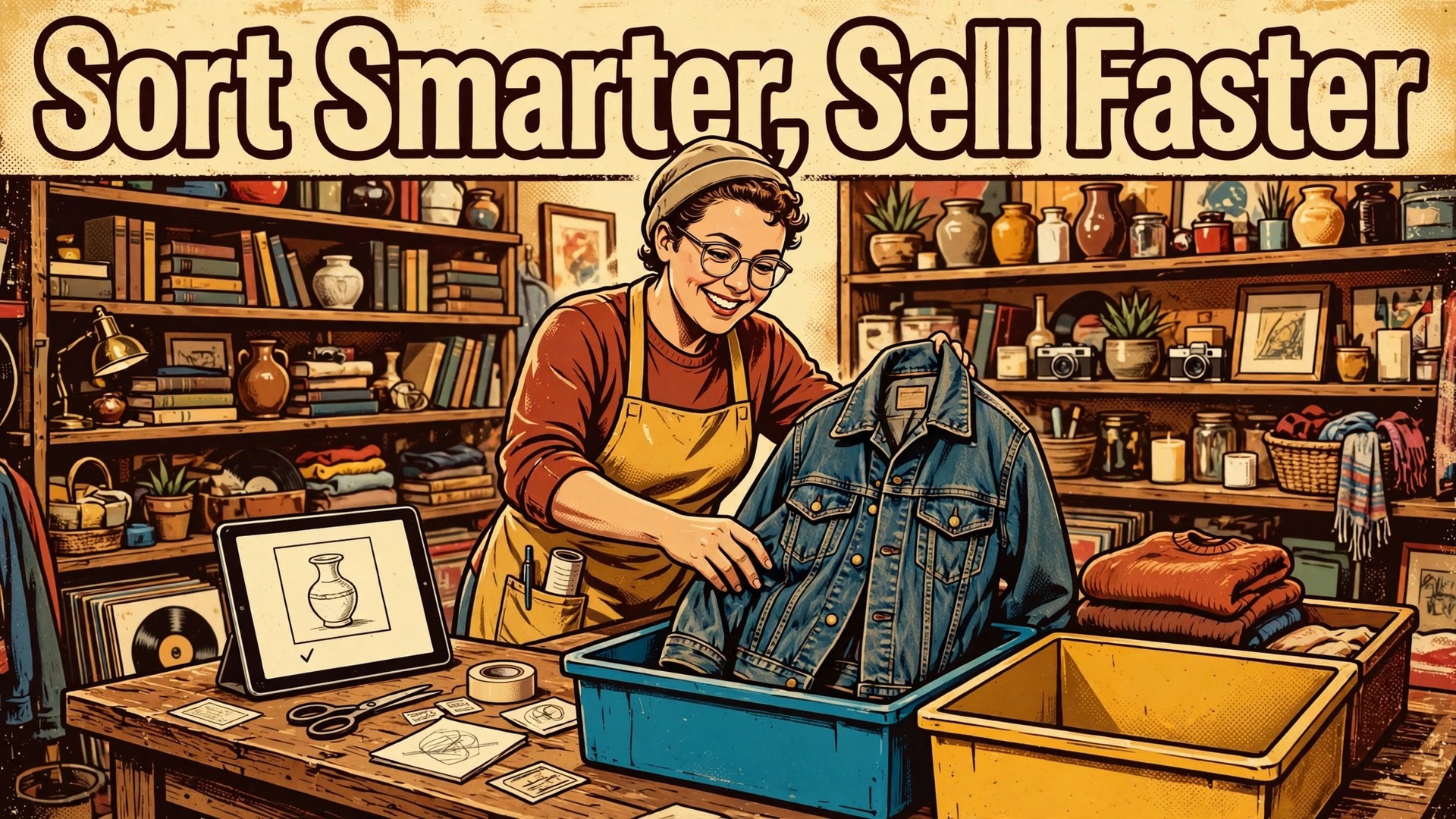 use AI for thrift store inventory sorting thumbnail with a thrift store worker sorting a denim jacket into colour-coded bins at a wooden table titled Sort Smarter, Sell Faster