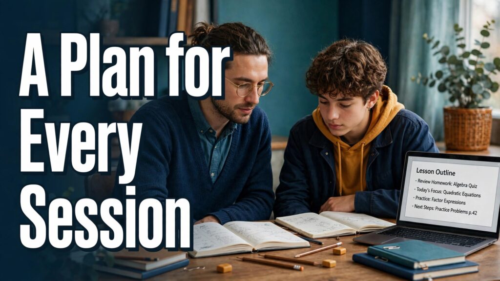 use AI for tutoring session planning thumbnail with a tutor and student working at a desk with a planner, notebooks and a laptop lesson outline titled A Plan for Every Session