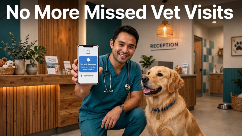 use AI for veterinary clinic appointment reminders thumbnail with a veterinarian holding a phone with a vet visit reminder beside a golden dog in a clinic reception titled No More Missed Vet Visits