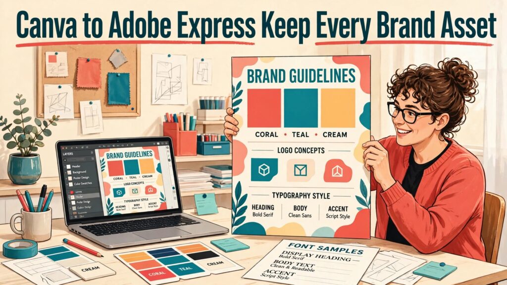 migrate Canva to Adobe Express design team thumbnail showing a designer holding a brand guidelines poster at a studio desk