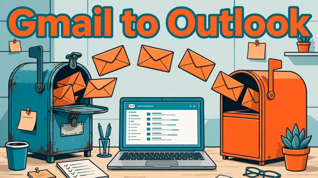 migrate Gmail to Outlook small business thumbnail showing mail flying from an old mailbox to a new mailbox