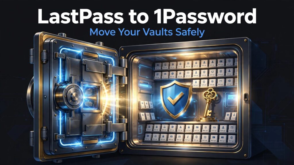 migrate LastPass to 1Password small team thumbnail showing an open vault with a shield, key and organised login cards