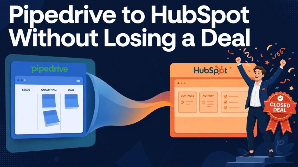 migrate Pipedrive to HubSpot sales team thumbnail showing a sales pipeline flowing into a HubSpot dashboard with a closed deal celebration