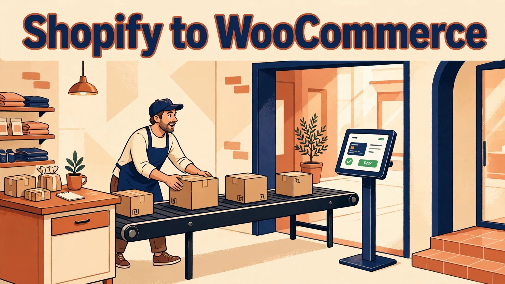 migrate Shopify to WooCommerce small store thumbnail with a small shop owner moving product boxes toward a new checkout