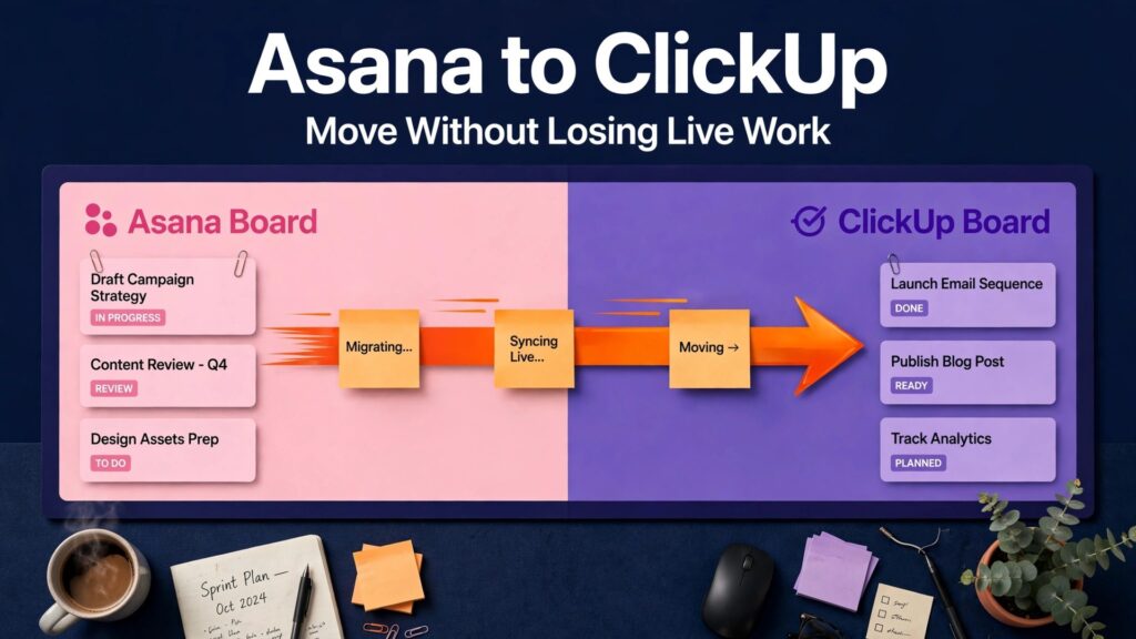 switch Asana to ClickUp project team thumbnail showing task cards moving along an arrow from an Asana board to a ClickUp board