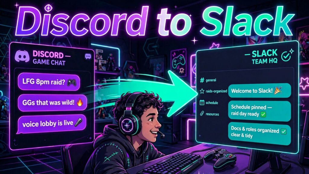 switch Discord to Slack gaming community thumbnail with a gamer moving a gaming community chat to an organised Slack workspace