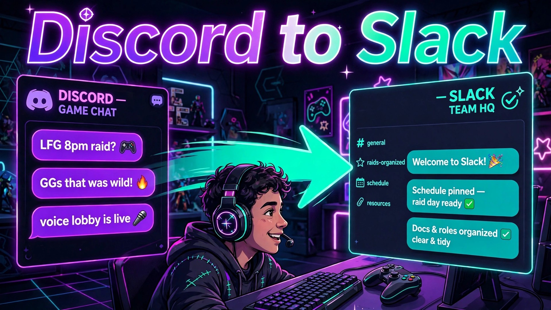 switch Discord to Slack gaming community thumbnail with a gamer moving a gaming community chat to an organised Slack workspace