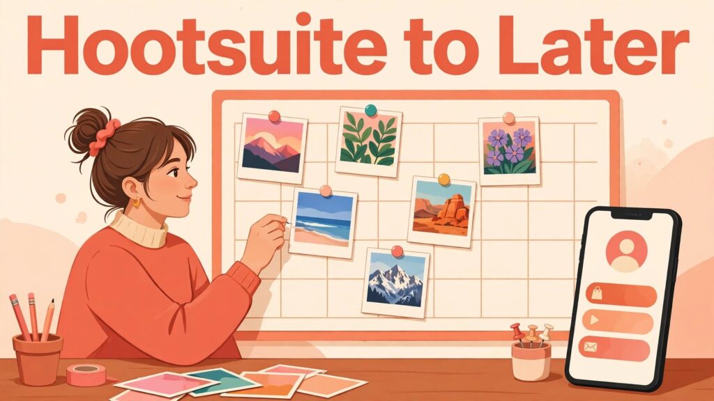 switch Hootsuite to Later creators thumbnail showing a creator pinning photo posts on a visual wall calendar