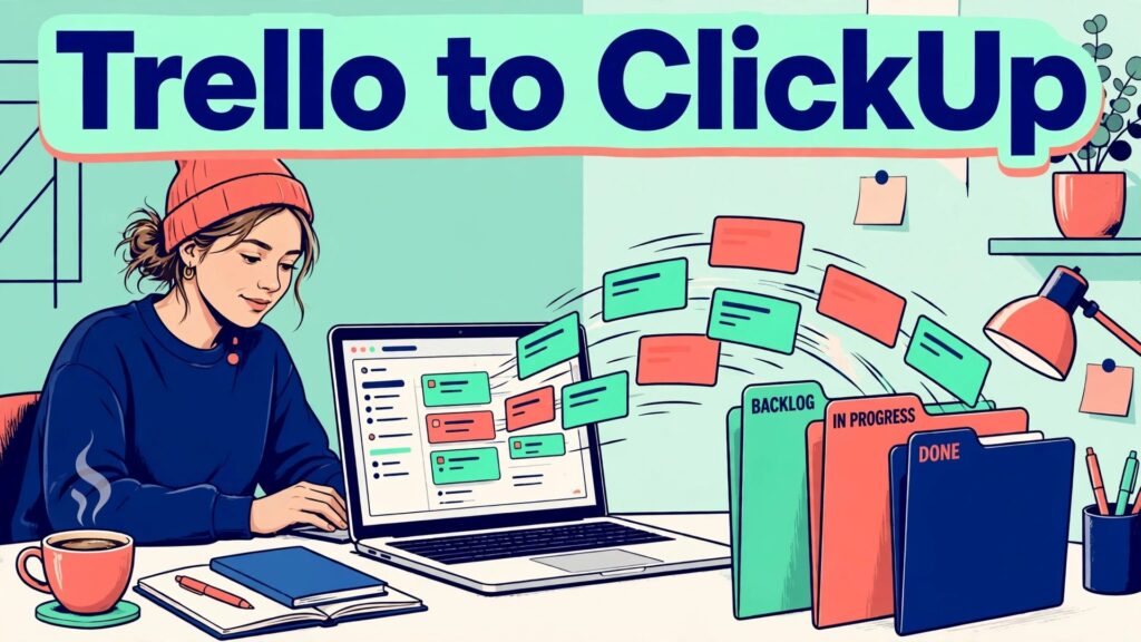 switch Trello to ClickUp freelancers thumbnail with a freelancer whose task cards fly from a laptop into labelled folders