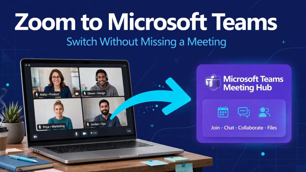 switch Zoom to Microsoft Teams remote team thumbnail showing a laptop video call guided by an arrow into a Teams meeting hub