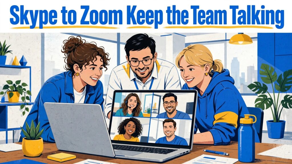 switch Skype to Zoom small team thumbnail showing a small team gathered around a laptop video call in a bright office