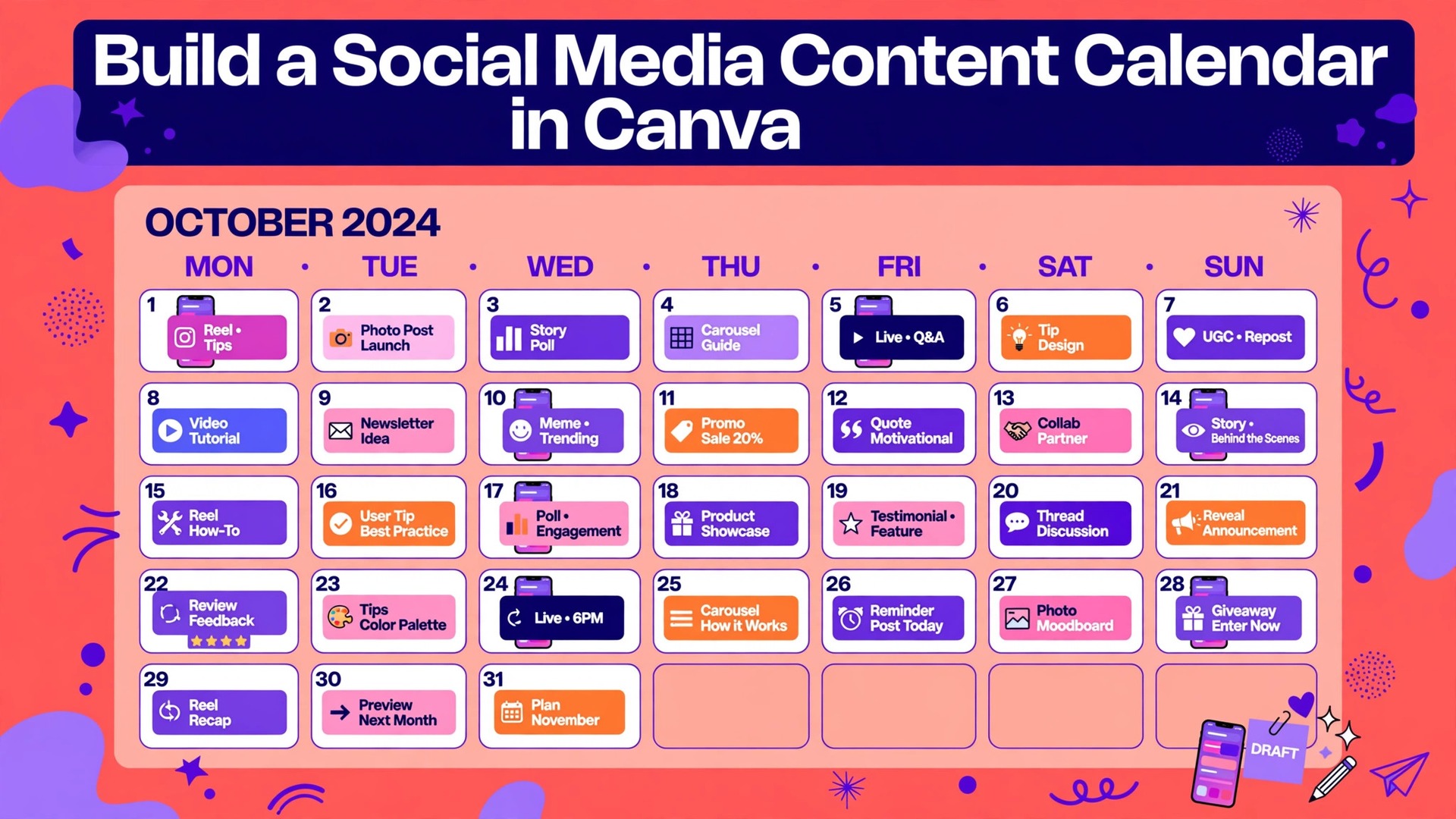 use Canva for social media content calendar thumbnail showing a monthly grid of post cards