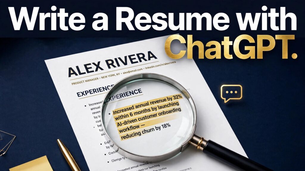 use ChatGPT for resume writing job seekers thumbnail showing a resume with a magnifier on an achievement bullet