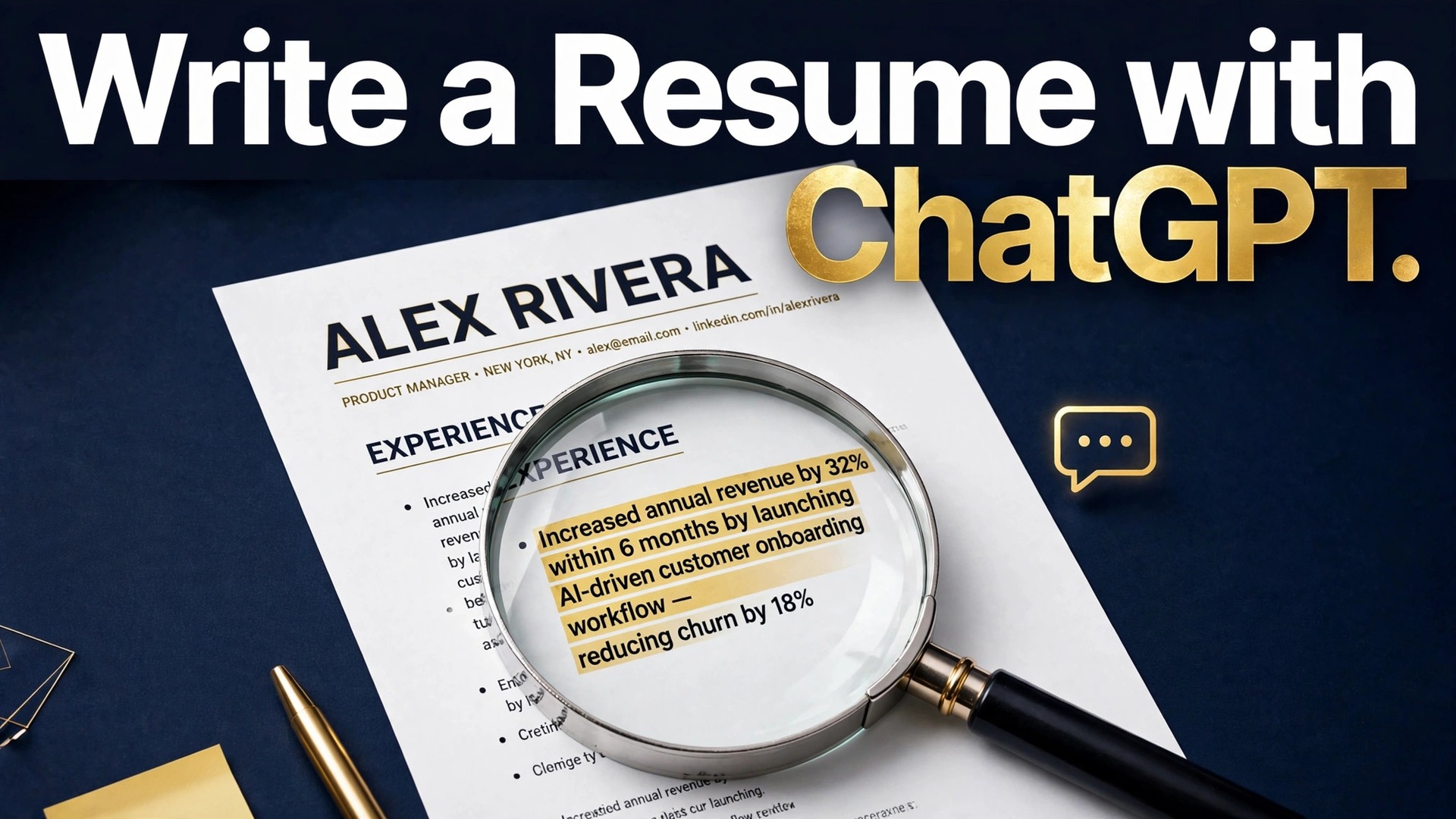 use ChatGPT for resume writing job seekers thumbnail showing a resume with a magnifier on an achievement bullet