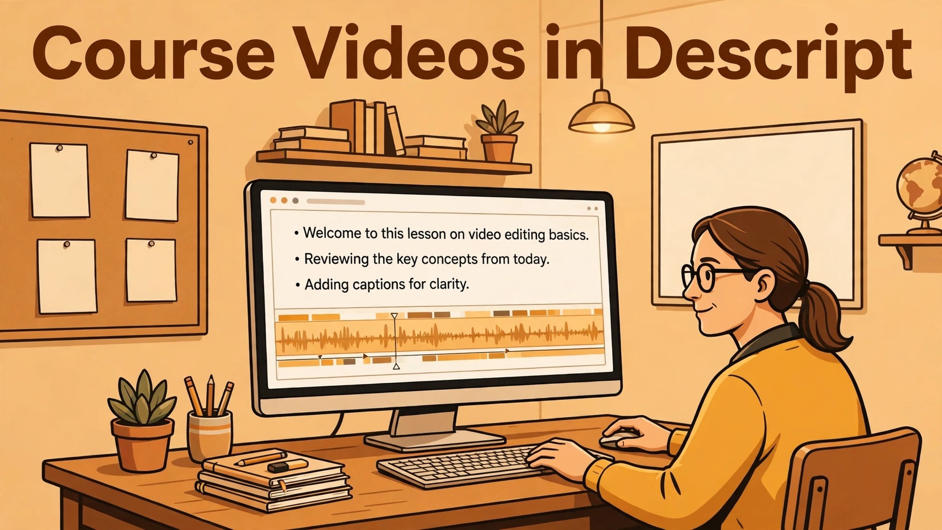 use Descript for course video editing teachers thumbnail showing a teacher editing video at a desk