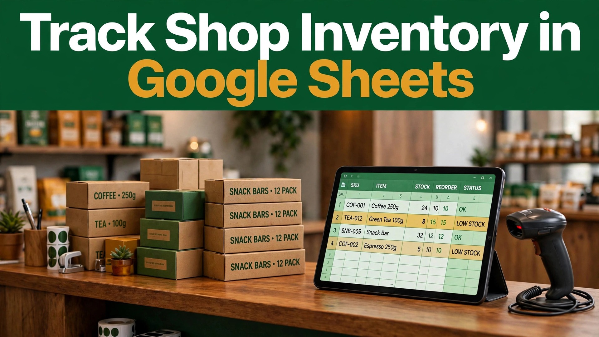 use Google Sheets for inventory tracking small shop thumbnail showing product boxes with a stock sheet on a tablet