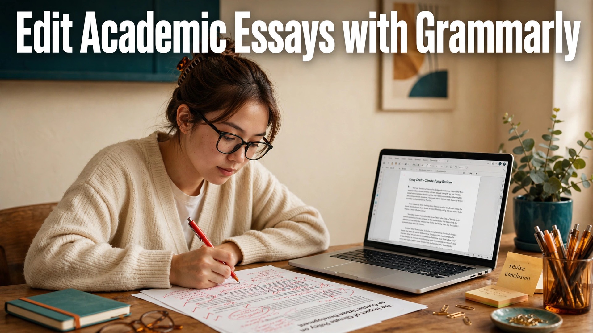 use Grammarly for academic essay editing thumbnail showing a student editing an essay at a desk