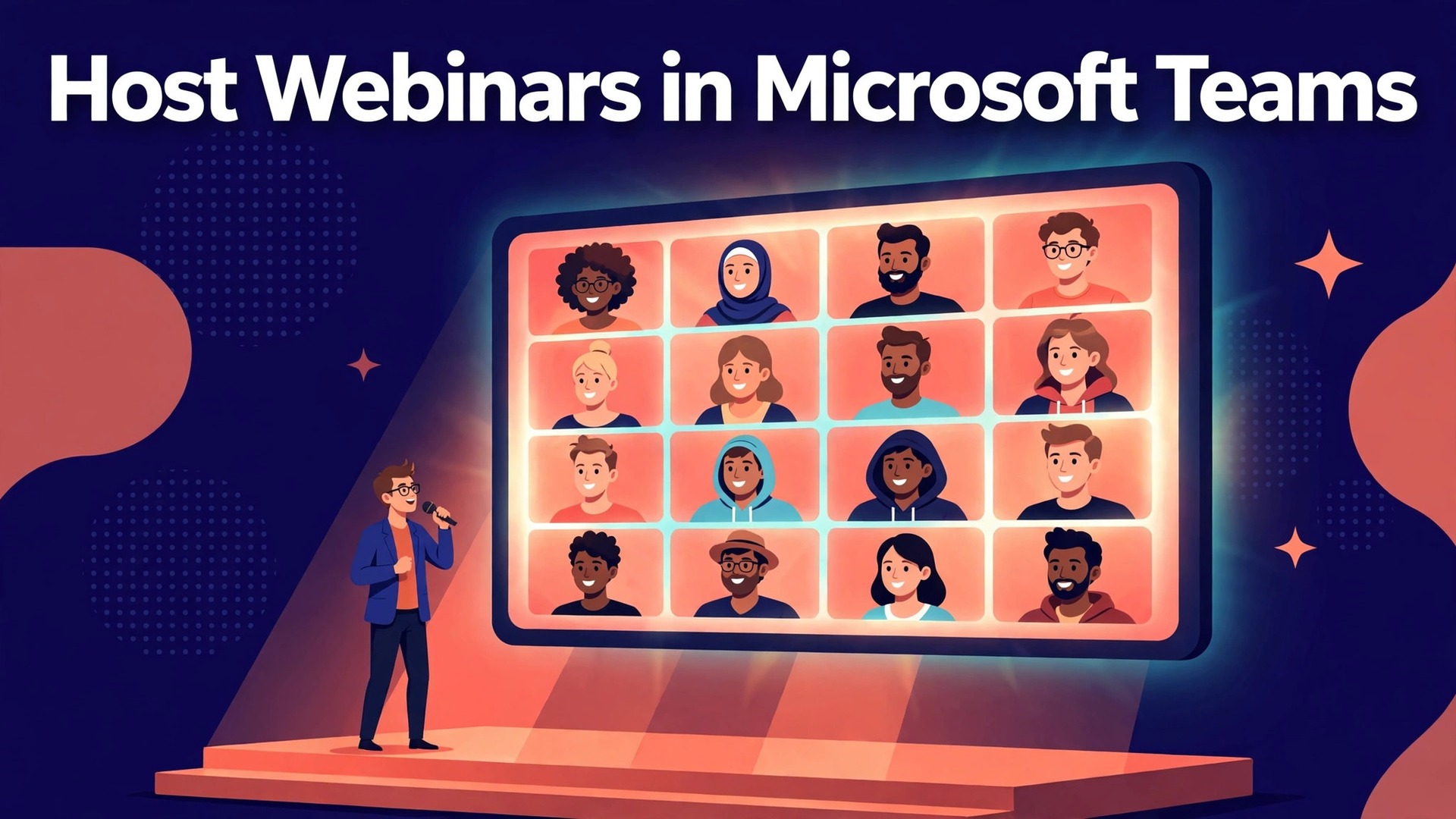 use Microsoft Teams for webinar hosting small business thumbnail showing a presenter on stage before an attendee grid screen