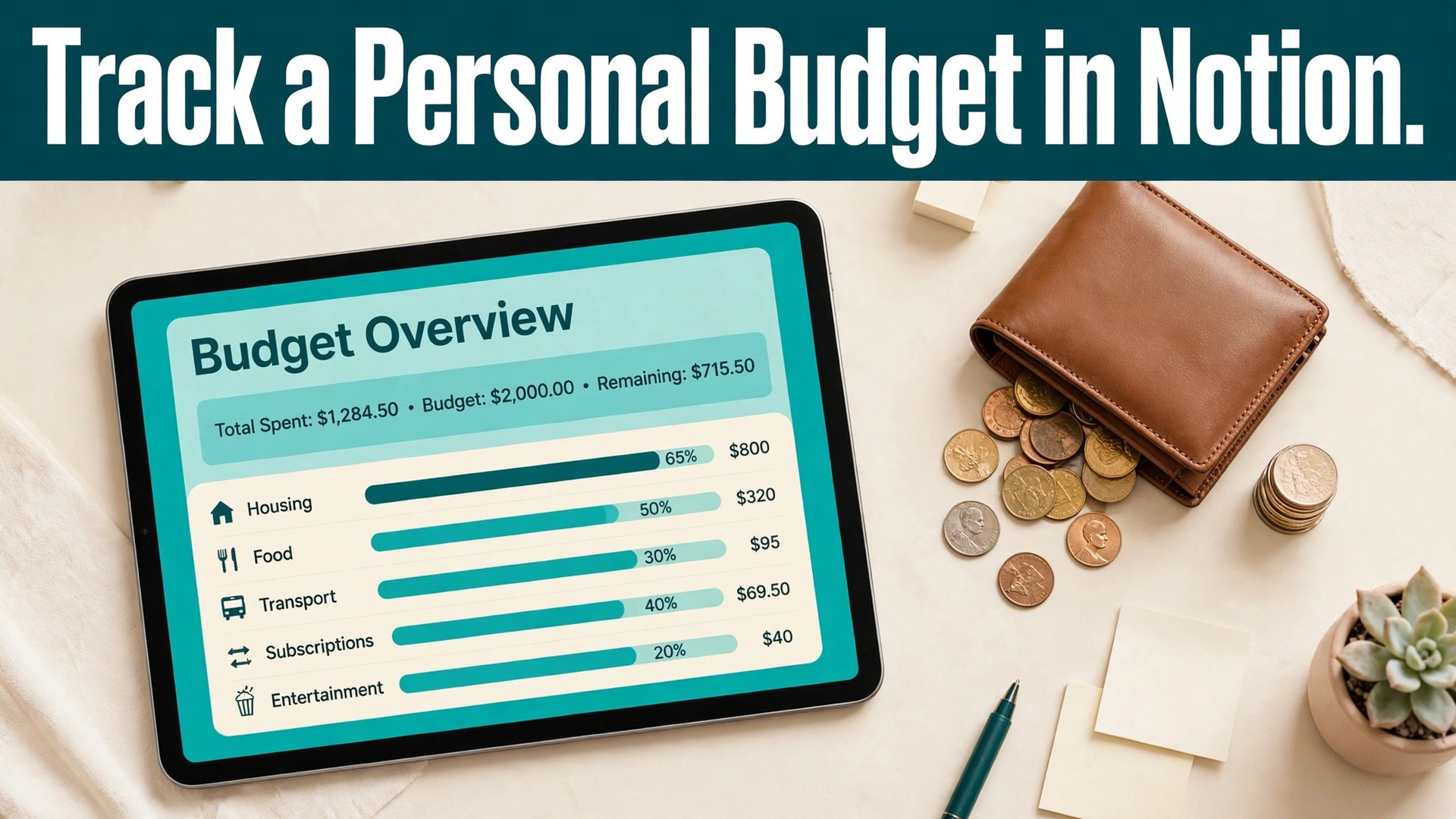 use Notion for budget tracking personal finance thumbnail showing a budget dashboard on a tablet beside a wallet