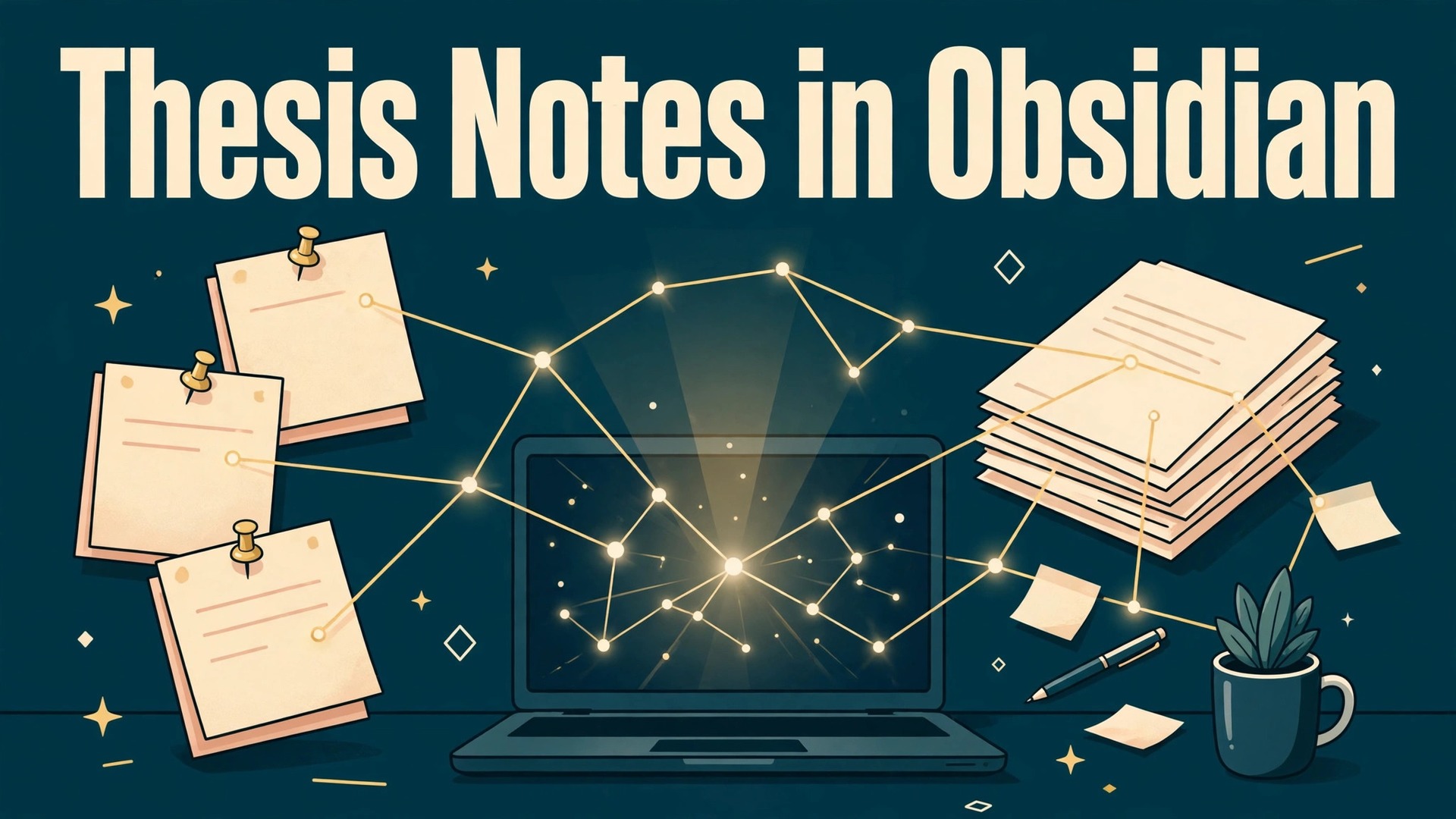use Obsidian for thesis research notes thumbnail showing a note graph over a laptop and thesis papers