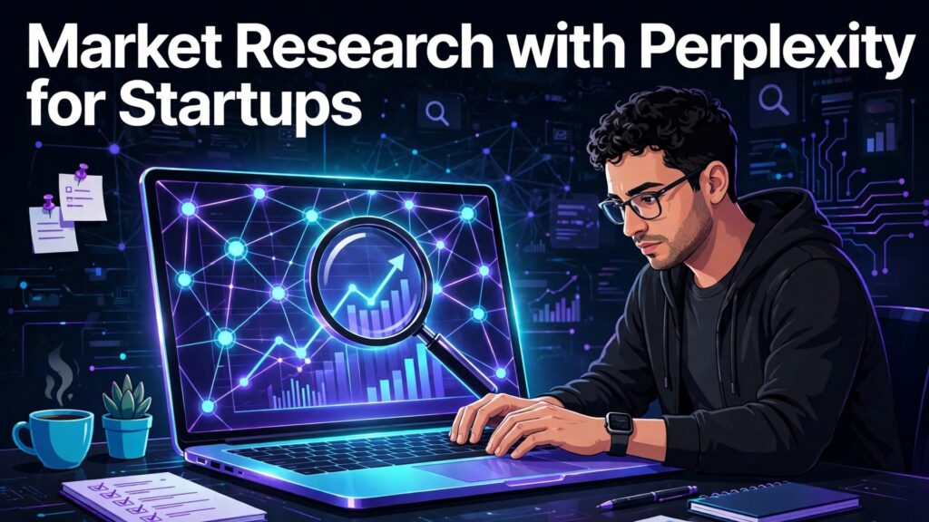 use Perplexity for market research startups thumbnail showing a founder at a laptop with a source network and magnifier