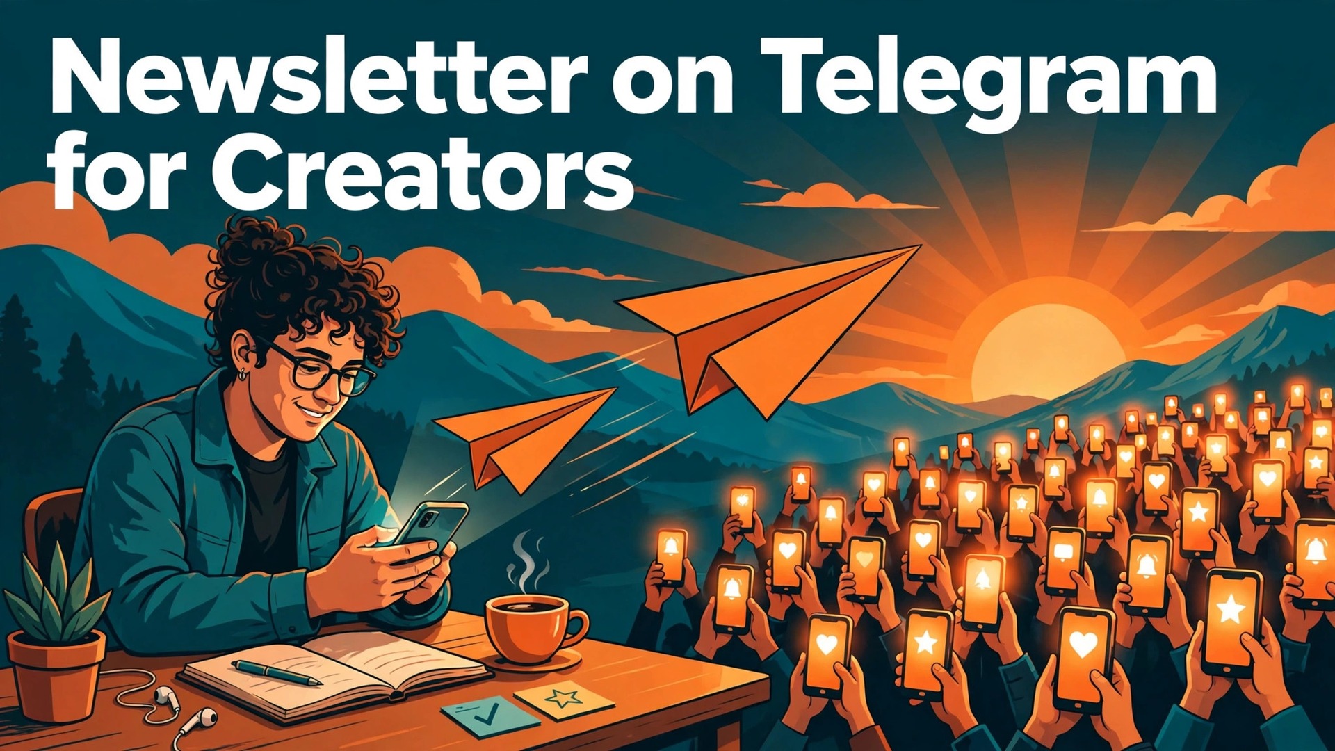 use Telegram for newsletter distribution creators thumbnail showing a creator sending paper planes to a crowd of glowing subscriber phones
