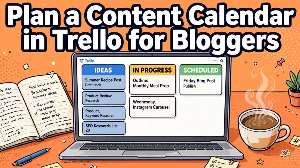 use Trello for content calendar bloggers thumbnail showing a laptop board with a notebook and coffee