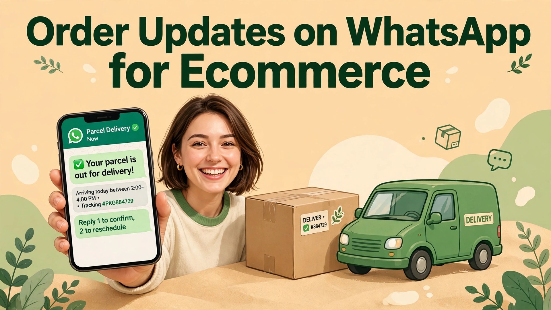 use WhatsApp for order updates ecommerce thumbnail showing a parcel delivery update on a phone beside a delivery van