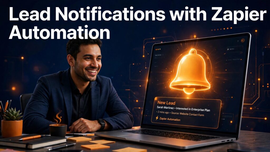 use Zapier for lead notification automation thumbnail showing a glowing lead notification bell on a laptop