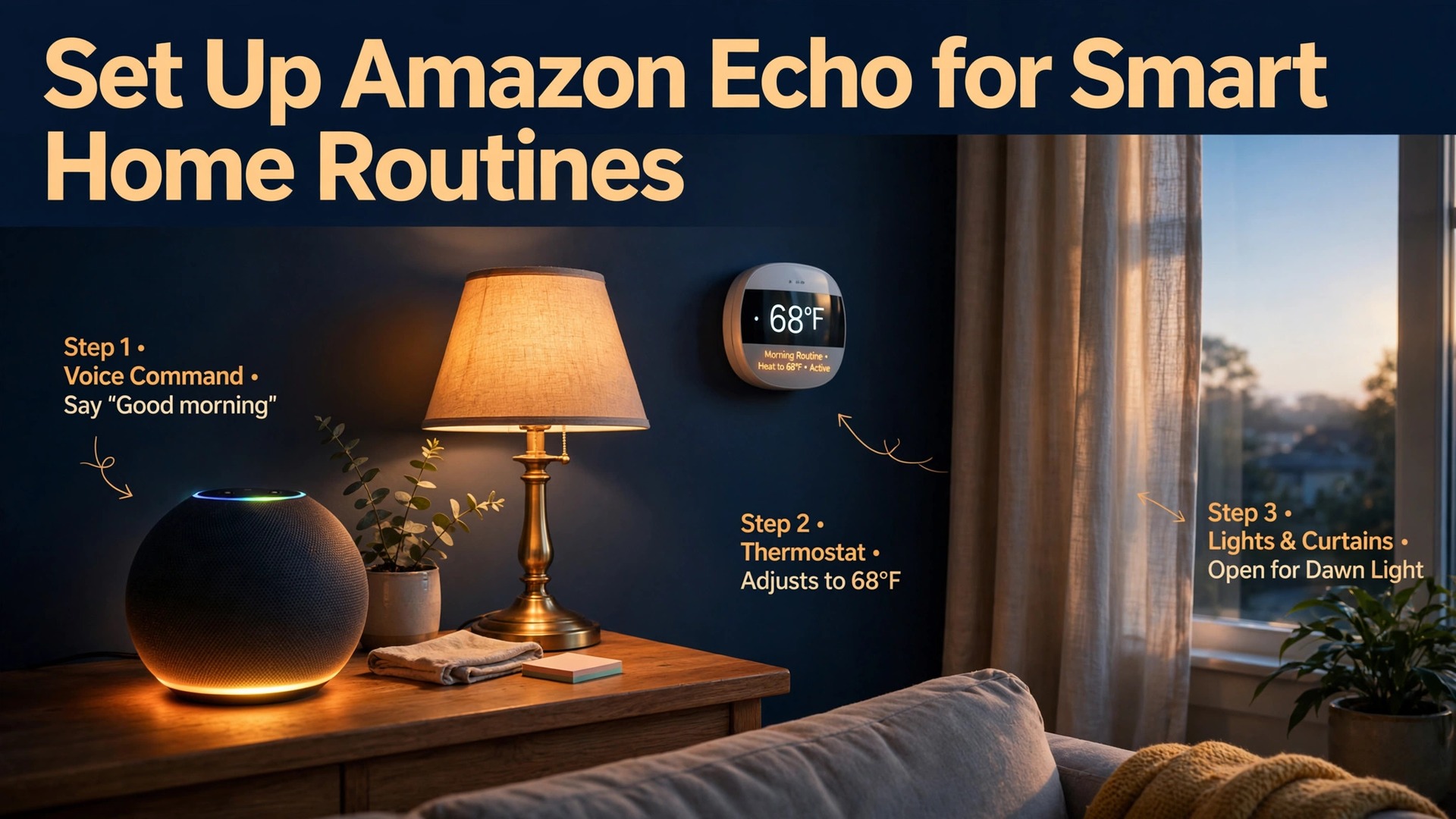 set up Amazon Echo for smart home routines thumbnail showing a dawn living room with a smart speaker lamp and thermostat morning steps